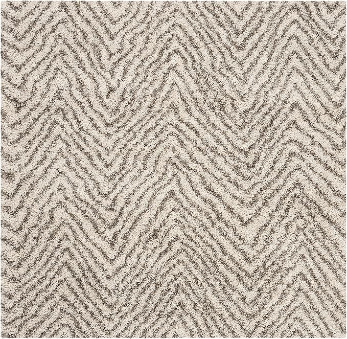 SAFAVIEH Hudson Shag Collection Area Rug - 7' Square, Ivory & Grey, Chevron Design, Non-Shedding & Easy Care, 2-inch Thick Ideal for High Traffic Areas in Living Room, Bedroom (SGH375A)