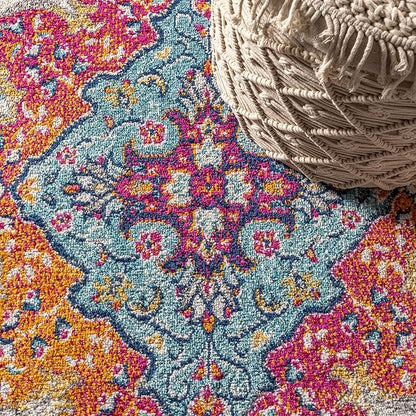 JONATHAN Y Boho Vintage Blue/Multi 6x9 Oval Area Rug, Bohemian Flair Medallion, Floral Easy-Cleaning High Traffic for Living Room, Bedroom, Kitchen, Pet-Friendly, Non Shedding (BMF106A-6OV)