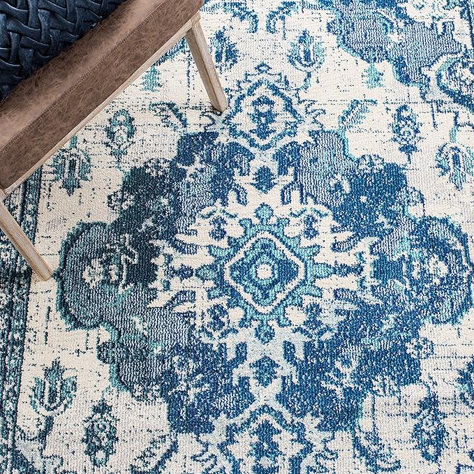 SAFAVIEH Monaco Collection Area Rug - 6'7" Square, Ivory & Blue, Boho Chic Medallion Distressed Design, Non-Shedding & Easy Care, Ideal for High Traffic Areas in Living Room, Bedroom (MNC243A)