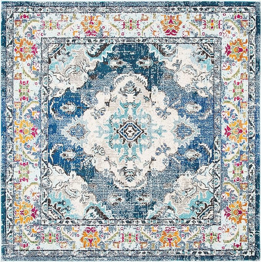 SAFAVIEH Monaco Collection Area Rug - 12' Square, Navy & Light Blue, Boho Chic Medallion Distressed Design, Non-Shedding & Easy Care, Ideal for High Traffic Areas in Living Room, Bedroom (MNC243N)