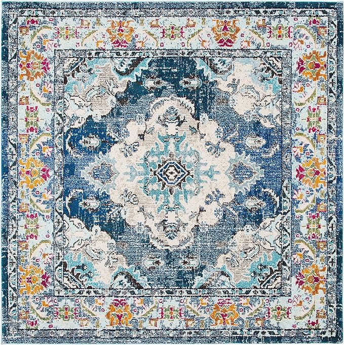 SAFAVIEH Monaco Collection Area Rug - 8'8" Square, Navy & Light Blue, Boho Chic Medallion Distressed Design, Non-Shedding & Easy Care, Ideal for High Traffic Areas in Living Room, Bedroom (MNC243N)