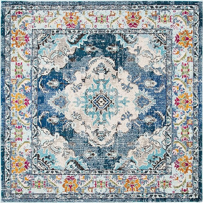 SAFAVIEH Monaco Collection Area Rug - 10' Square, Navy & Light Blue, Boho Chic Medallion Distressed Design, Non-Shedding & Easy Care, Ideal for High Traffic Areas in Living Room, Bedroom (MNC243N)