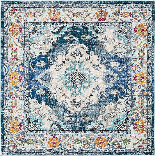 SAFAVIEH Monaco Collection Area Rug - 11' Square, Navy & Light Blue, Boho Chic Medallion Distressed Design, Non-Shedding & Easy Care, Ideal for High Traffic Areas in Living Room, Bedroom (MNC243N)