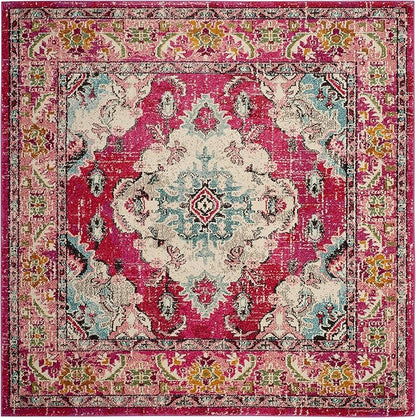 SAFAVIEH Monaco Collection Area Rug - 8'8" Square, Pink & Multi, Boho Chic Medallion Distressed Design, Non-Shedding & Easy Care, Ideal for High Traffic Areas in Living Room, Bedroom (MNC243D)