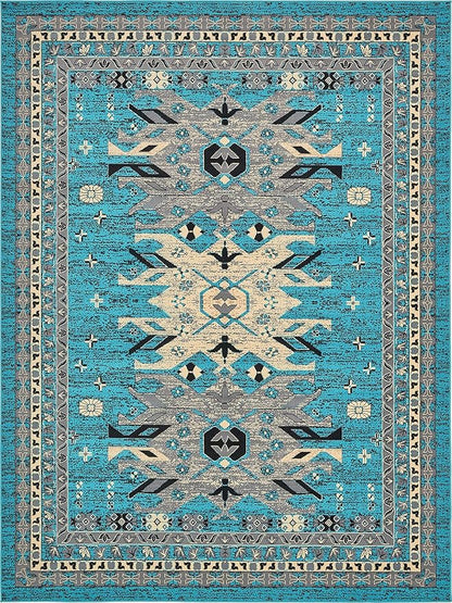 Unique Loom Taftan Collection Border Geometric Tribal Inspired Design Area Rug (9' 0 x 12' 0 Rectangular, Turquoise/ Gray)